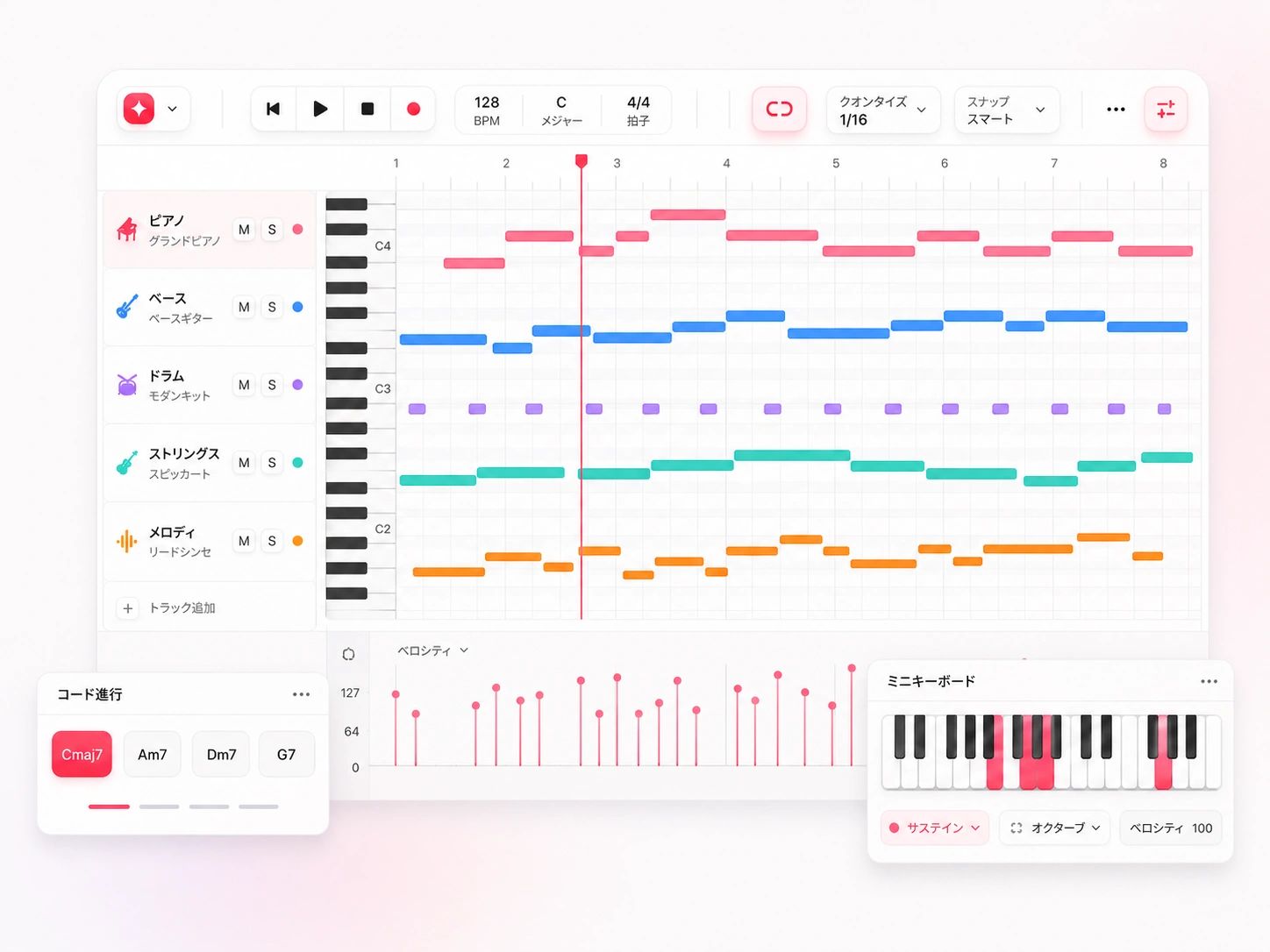 ピアノロールとノート編集を備えたオンラインMIDIエディター