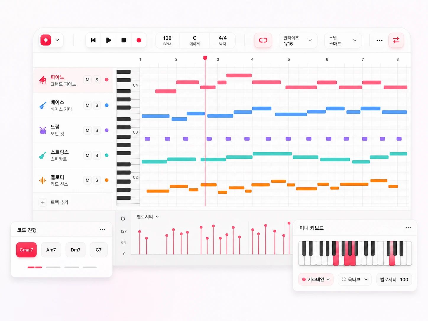 피아노 롤과 노트 편집이 있는 온라인 MIDI 에디터