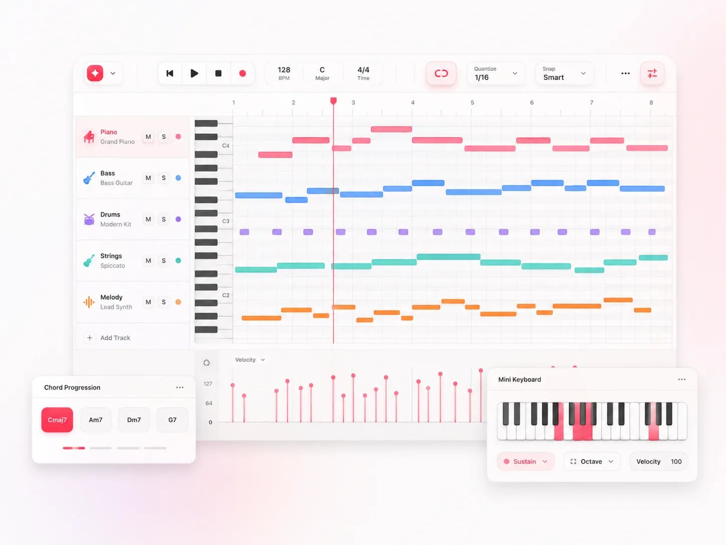 Online MIDI editor with a piano roll and note editing