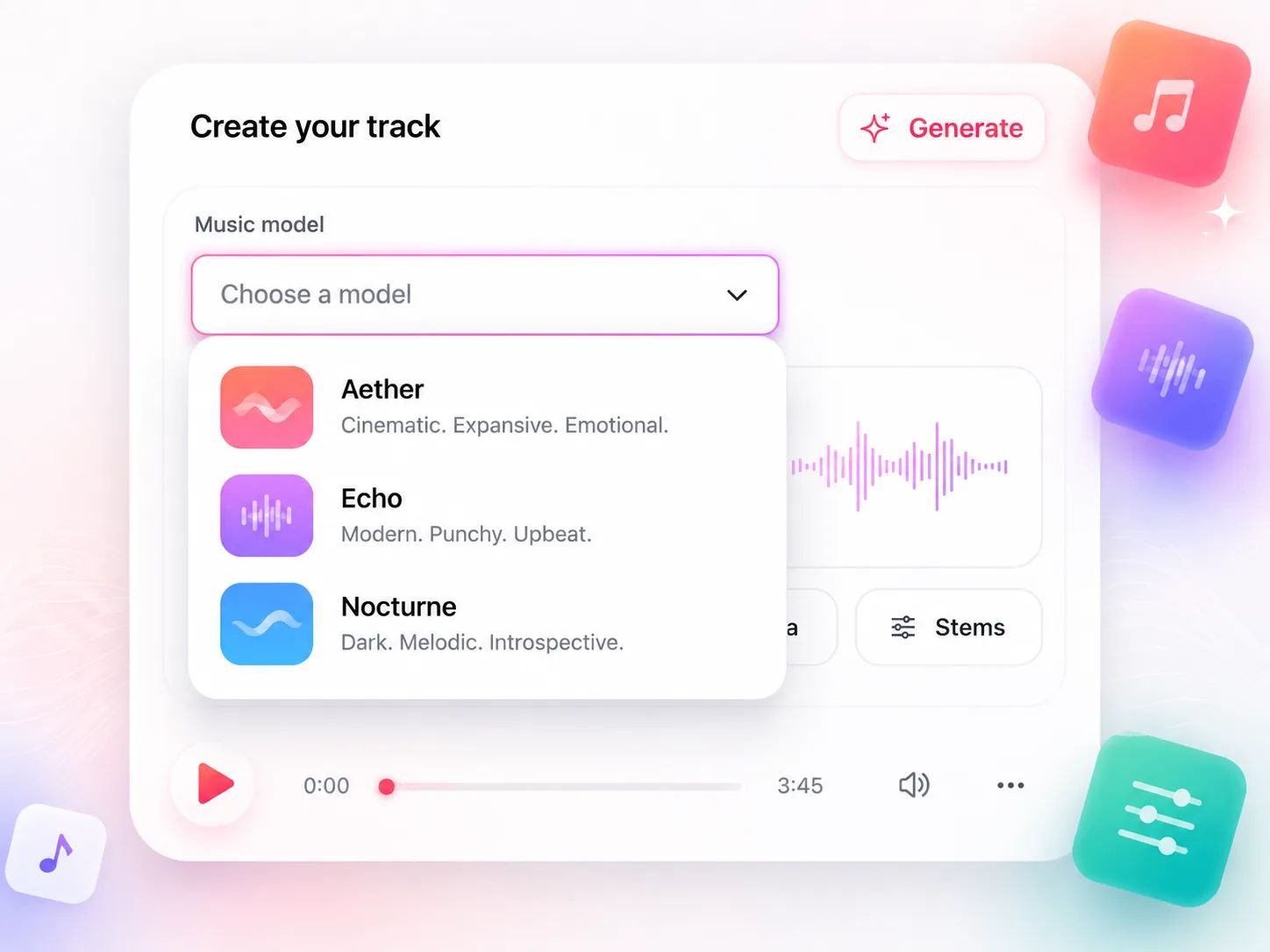 Multiple AI music models available inside one generator