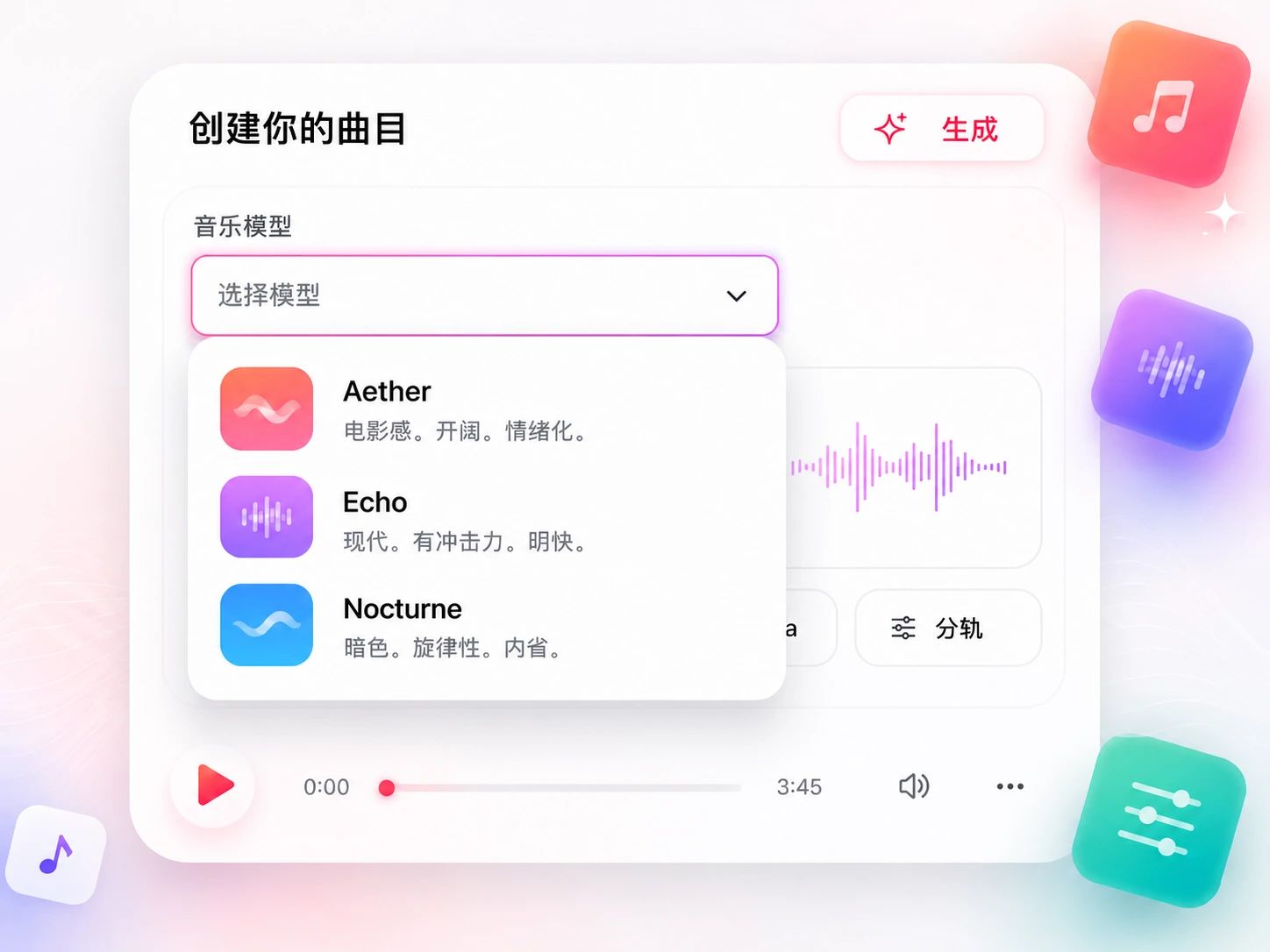 一个生成器内可用的多个 AI 音乐模型