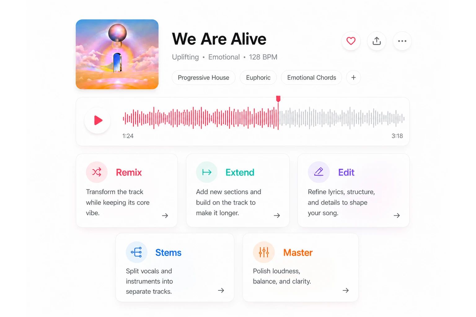 Track node with controls to remix, extend, edit a section, split stems, and master an AI-generated song