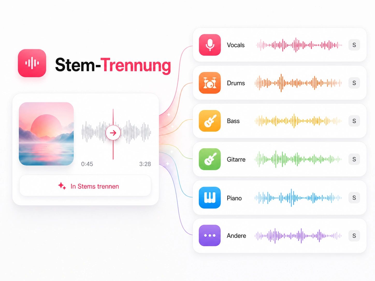 Ein Track, aufgeteilt in separate Vocal-, Drum- und Bass-Stems