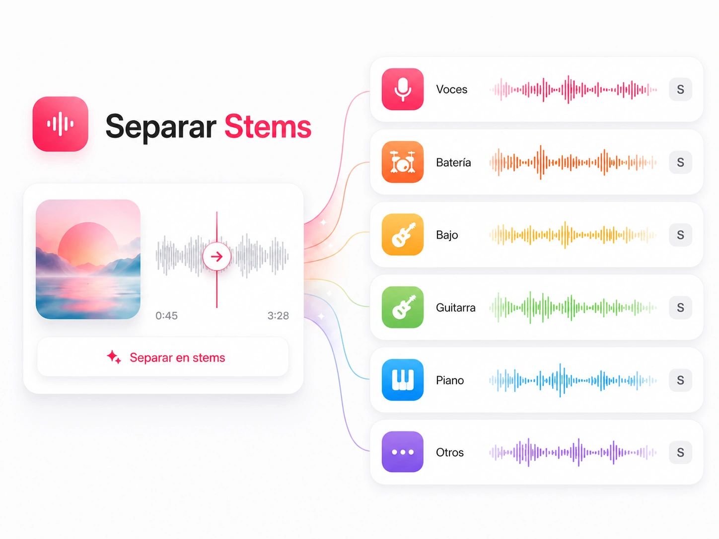 Una canción dividida en stems separados de voz, batería y bajo