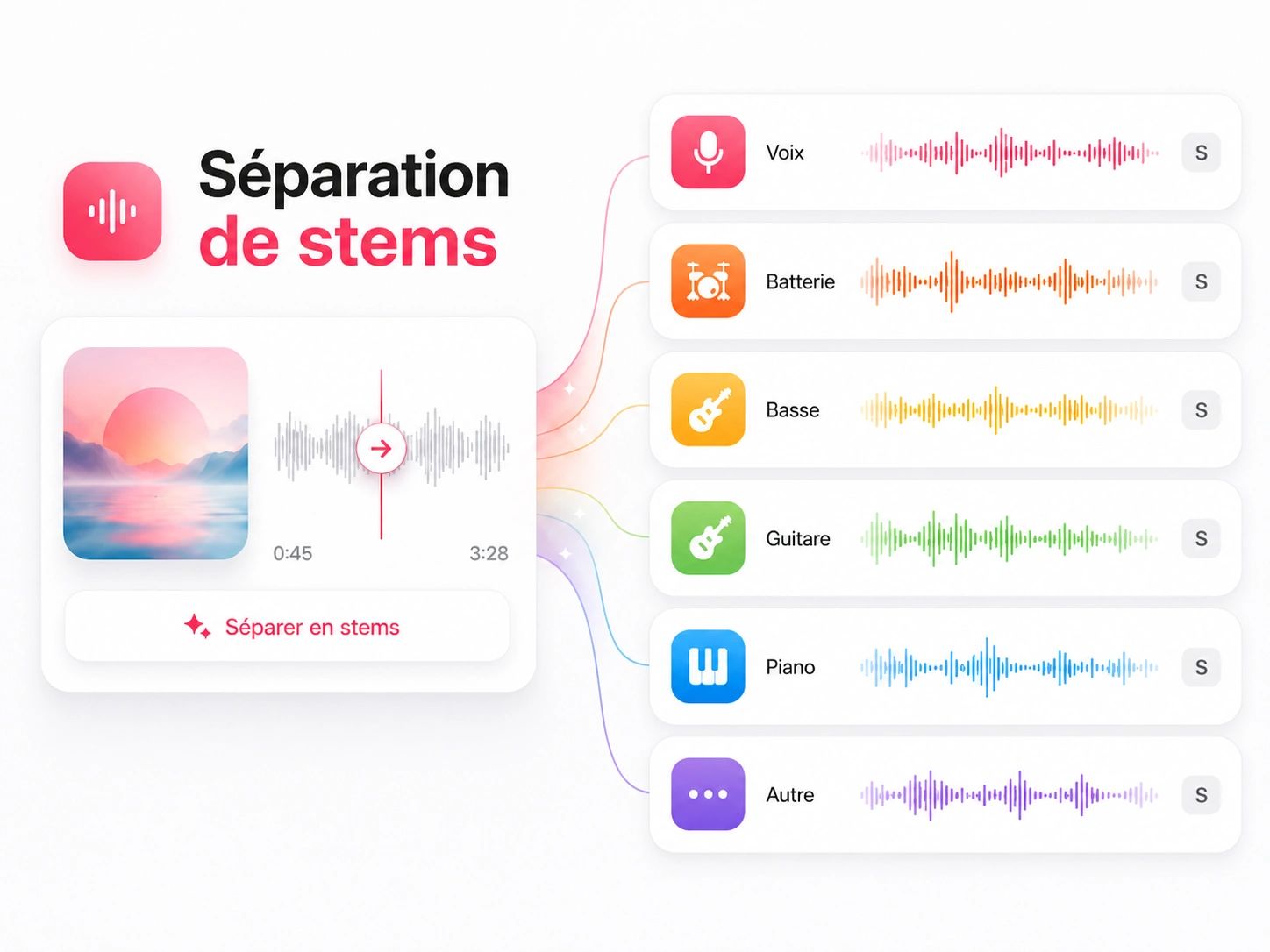 Une chanson divisée en stems séparés : voix, batterie et basse