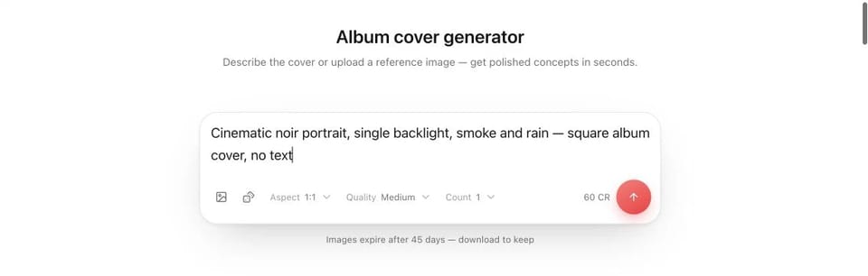 Lacuna album cover generator with a square cover prompt, 1:1 ratio, quality, and quantity controls