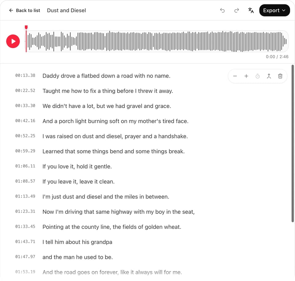 Lacuna LRC generator editor showing a waveform above the timed lyric lines, with timing controls on the first line