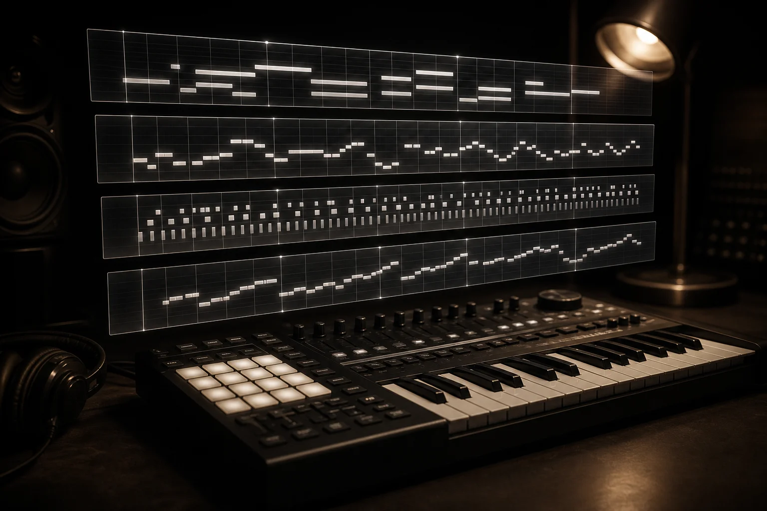 AI MIDI generator outputting chord, melody, drum, and bass MIDI tracks in a stack