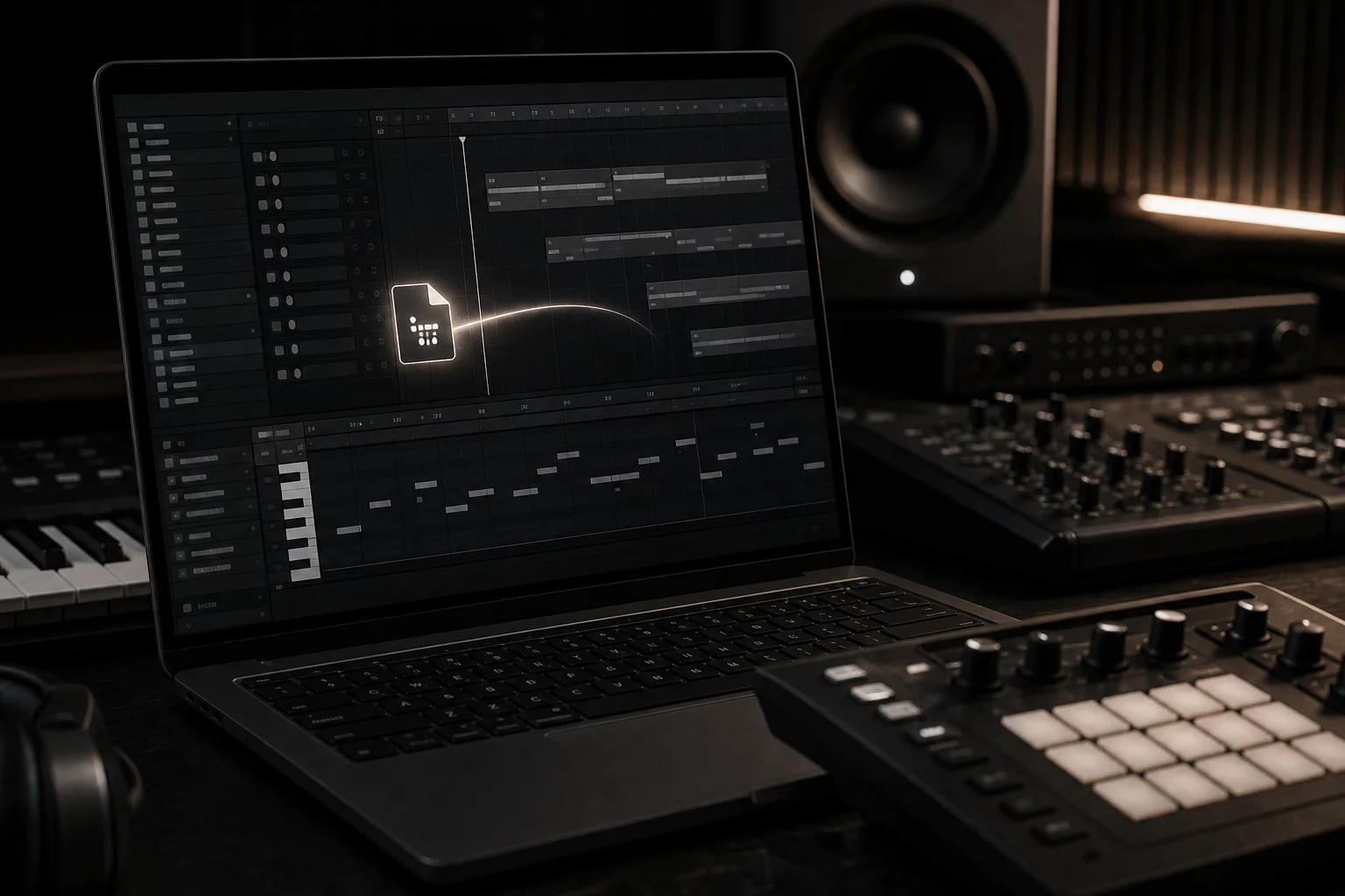 MIDI file dragged into a DAW timeline showing piano roll and arrangement