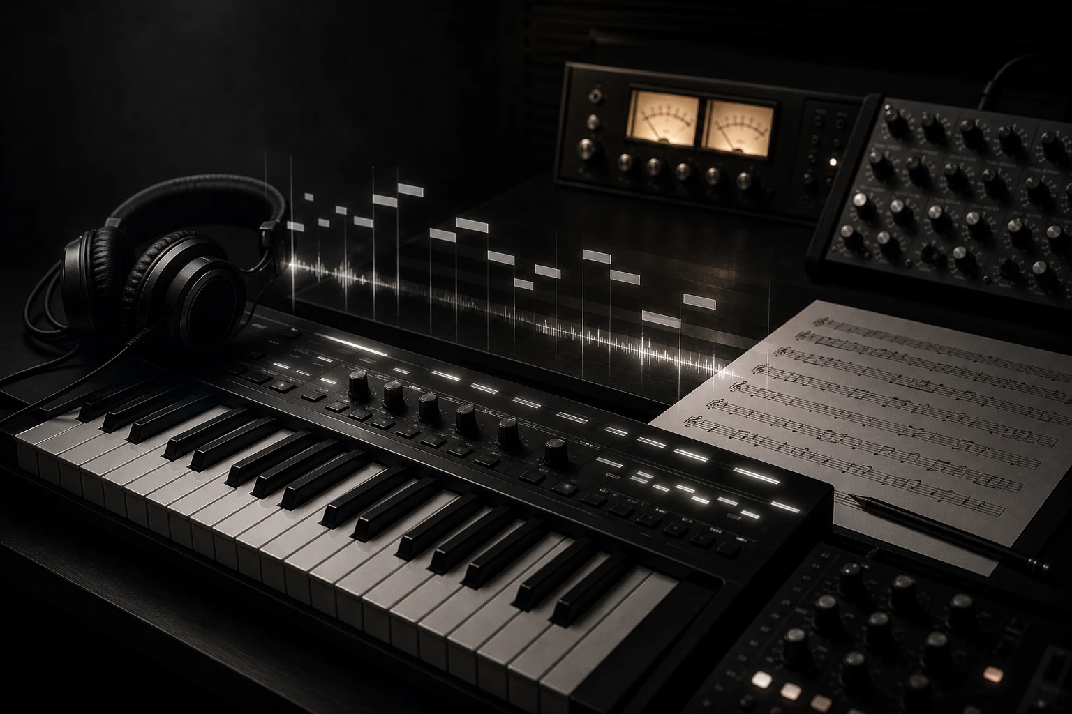 A modern producer studio with a MIDI keyboard, hardware synths and analog VU meters glowing in low light