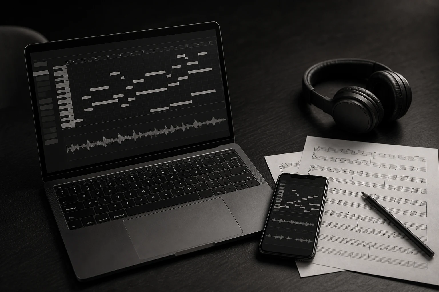 A laptop on a kitchen table showing a music app with a phone and notebook beside it