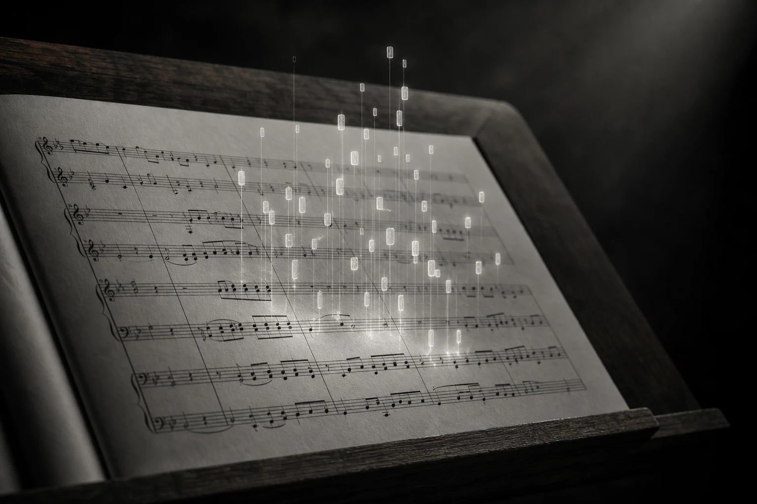 A close-up of a printed score on a music stand with subtle glowing MIDI bars rising off each measure