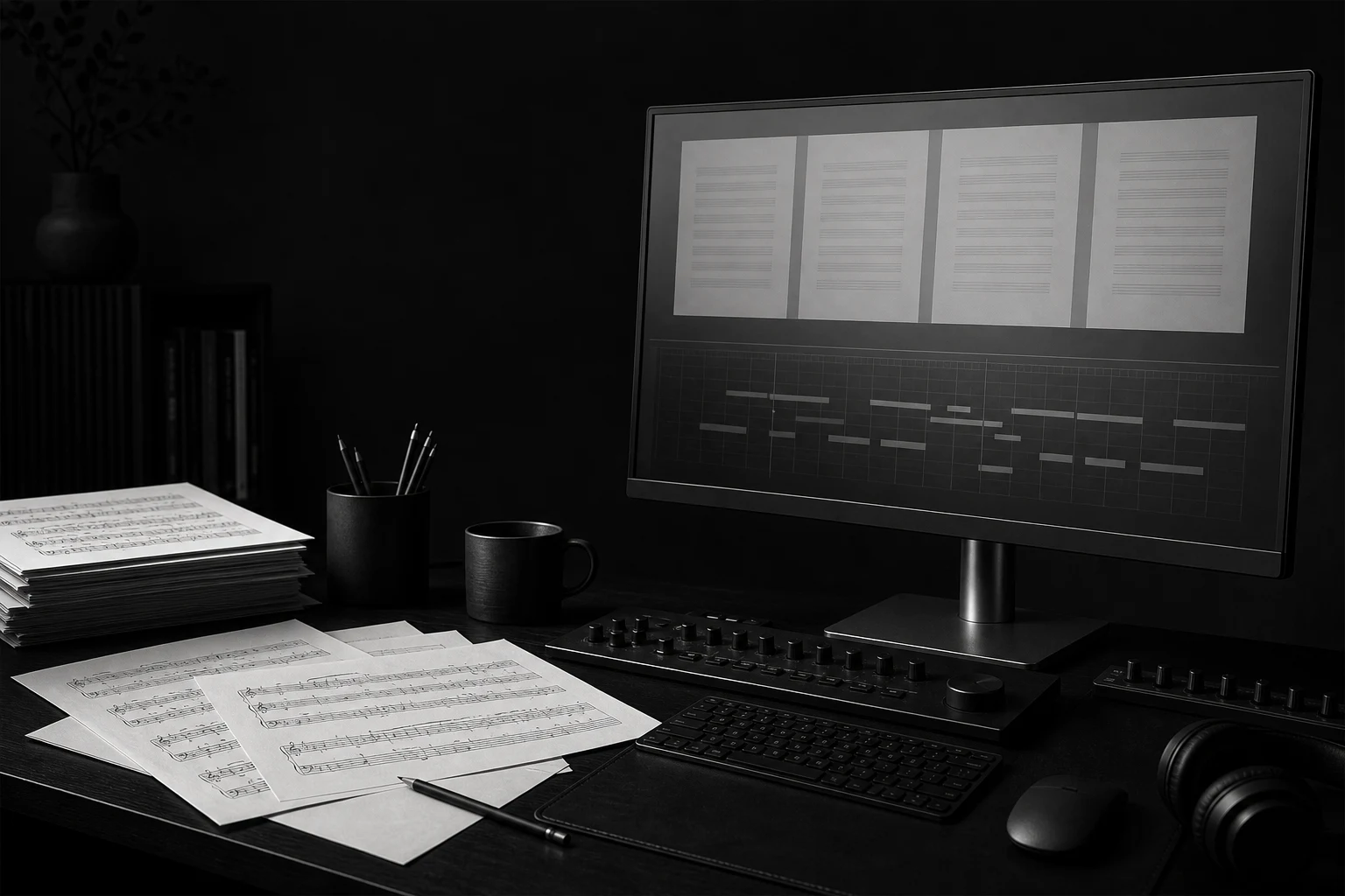A composer reviewing pages of a multi-stave score on a large monitor in a modern studio