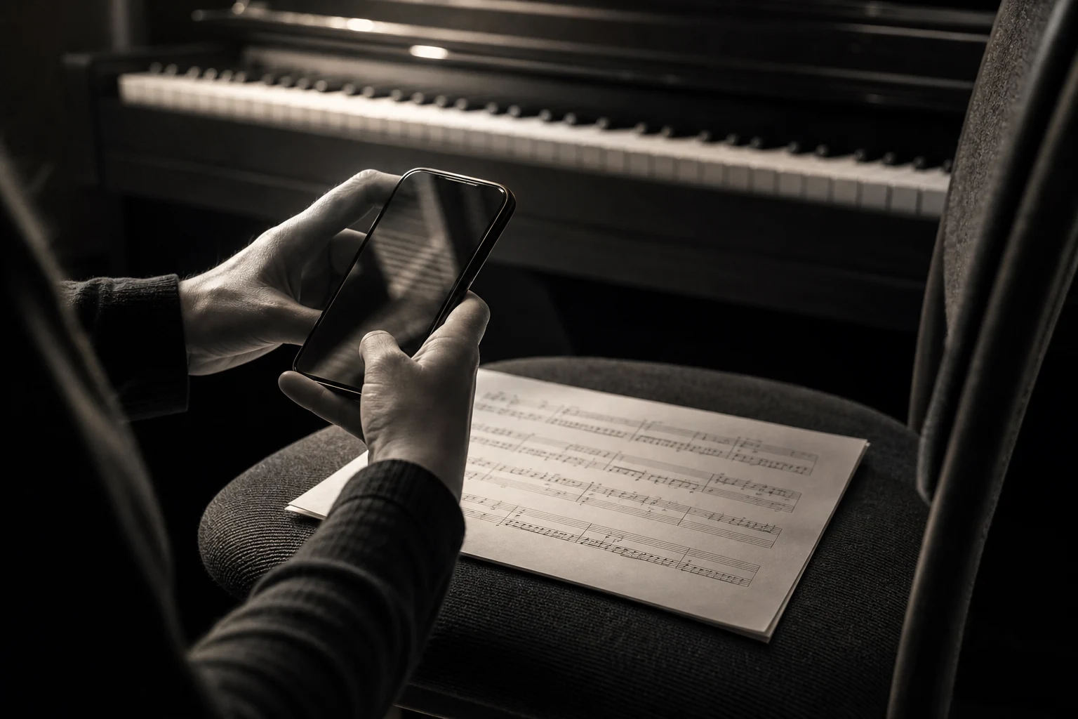 A musician photographing a sheet music page with a phone in a softly-lit practice room