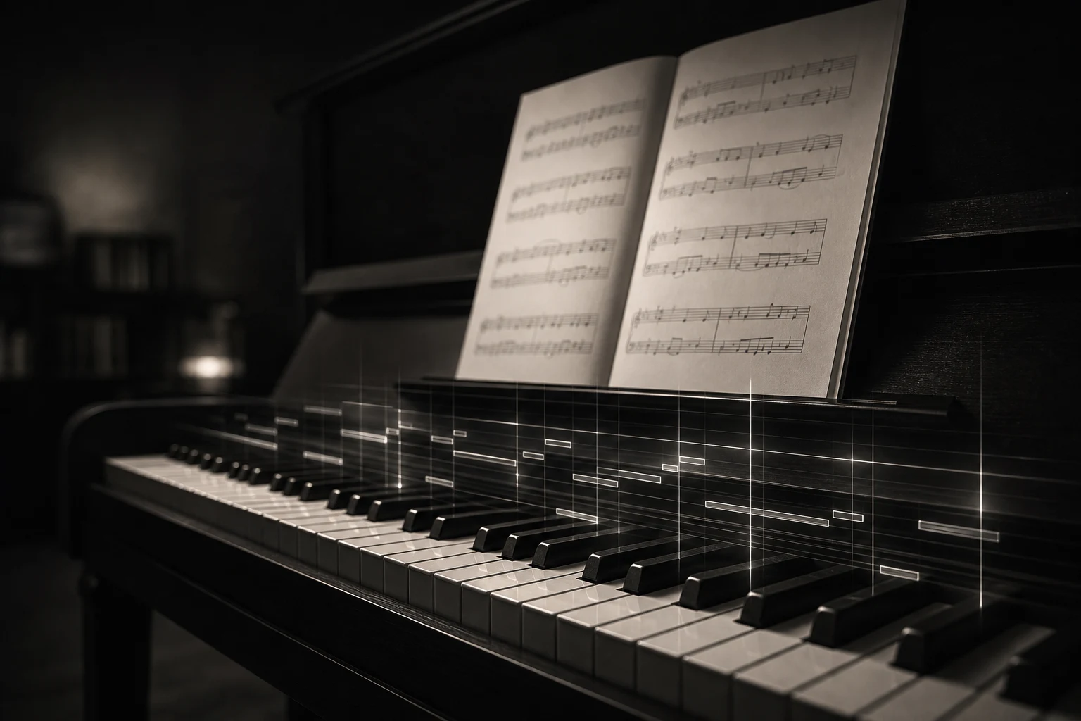An upright piano with sheet music on the music desk in a sunlit living room, plants on the side