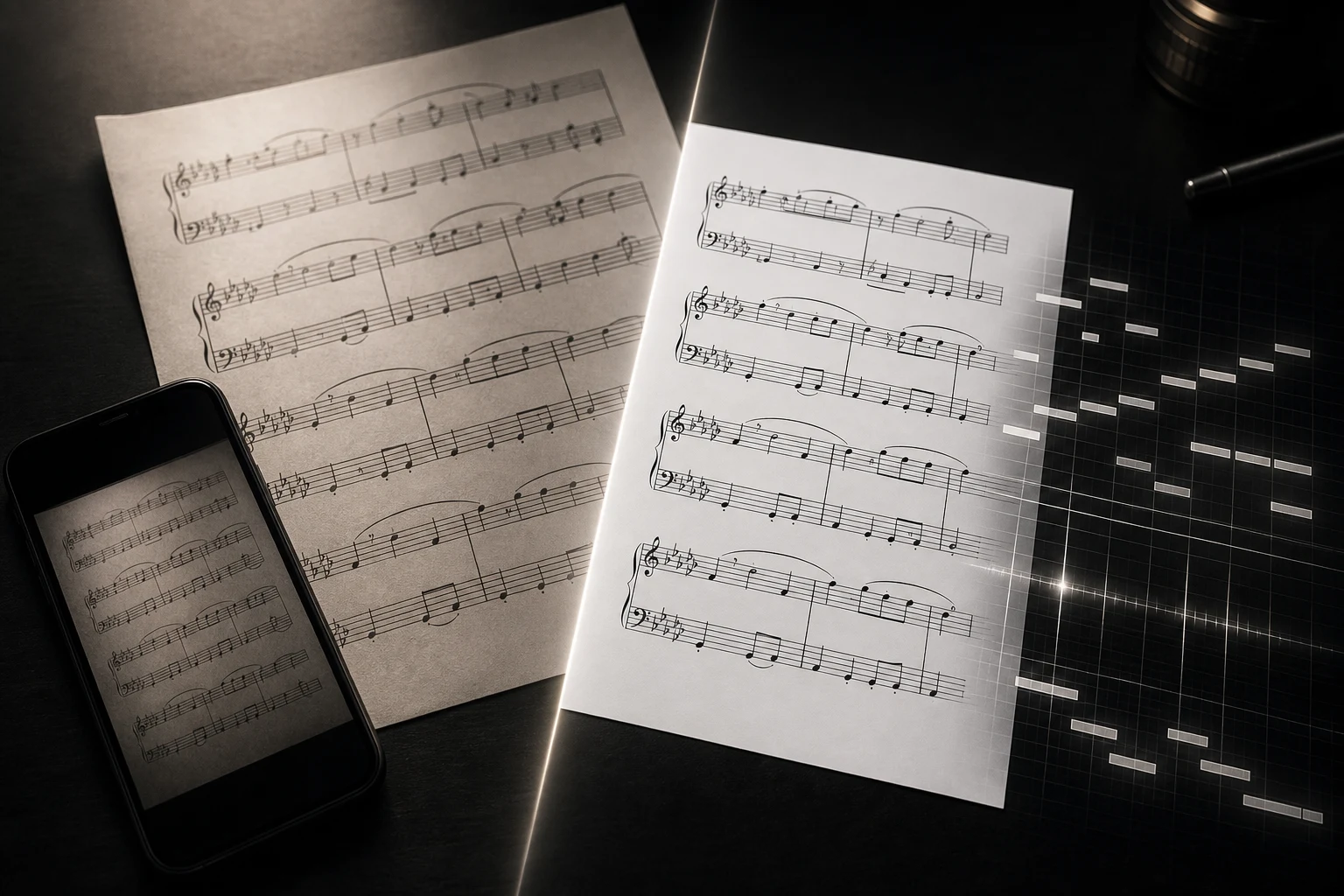 A phone photo of a sheet music page beside a cleaned-up scanner-grade version with MIDI bars rendered on the right