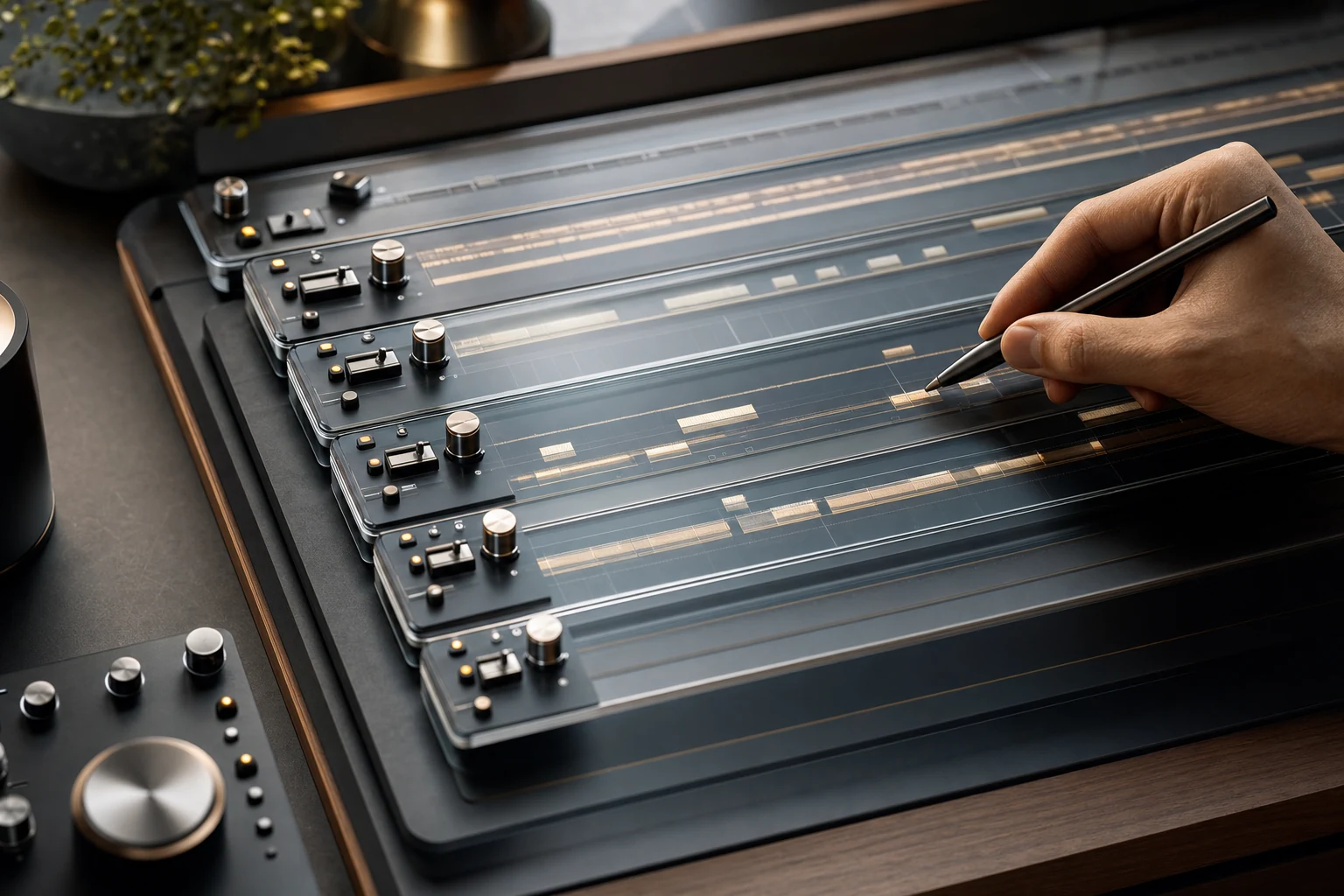 インストゥルメントレイヤーとチャンネルミキサーを表示するマルチトラックMIDIエディター