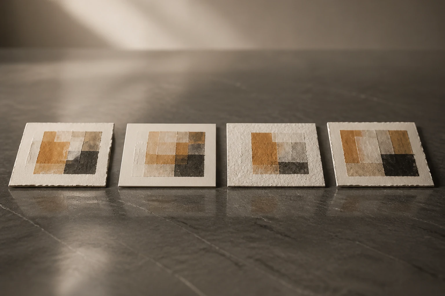 Four variant album cover concepts arranged side-by-side on a wall above a vintage tape machine