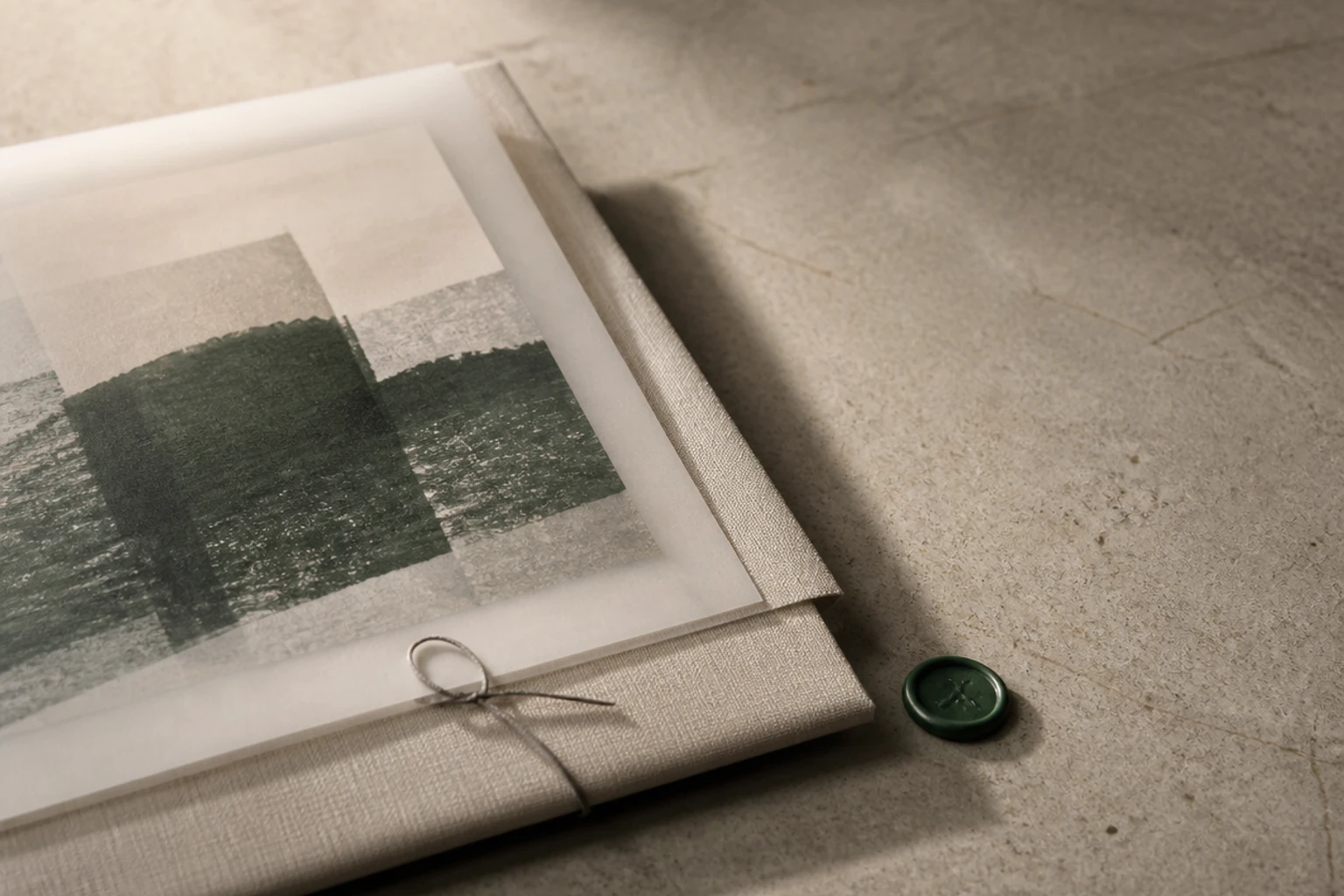 A close shot of a freshly pressed 12-inch vinyl record with custom cover artwork in a craft cardboard mailer