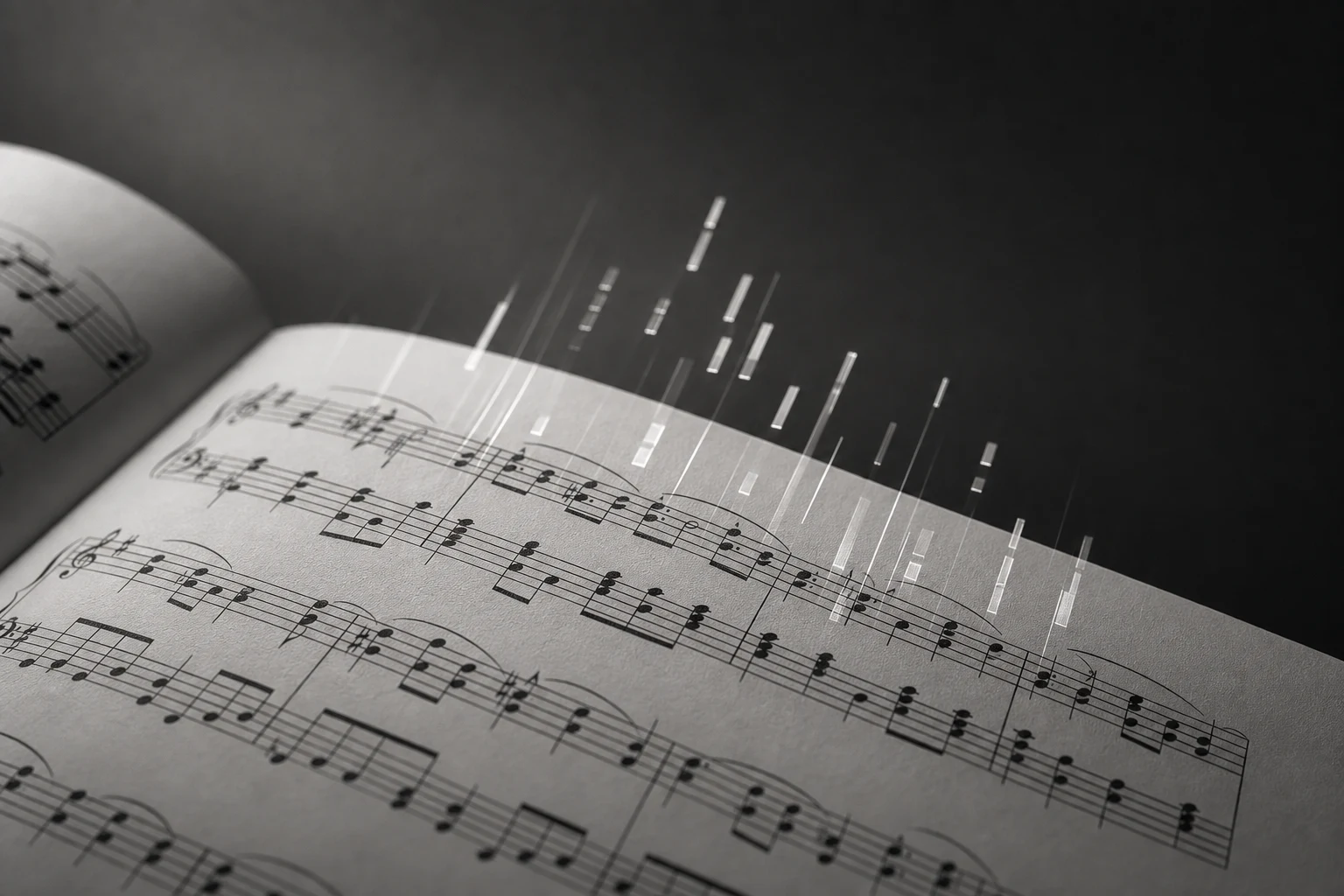 A close-up of a printed piano score under warm studio lamp light with glowing MIDI bars overlaid on the staves