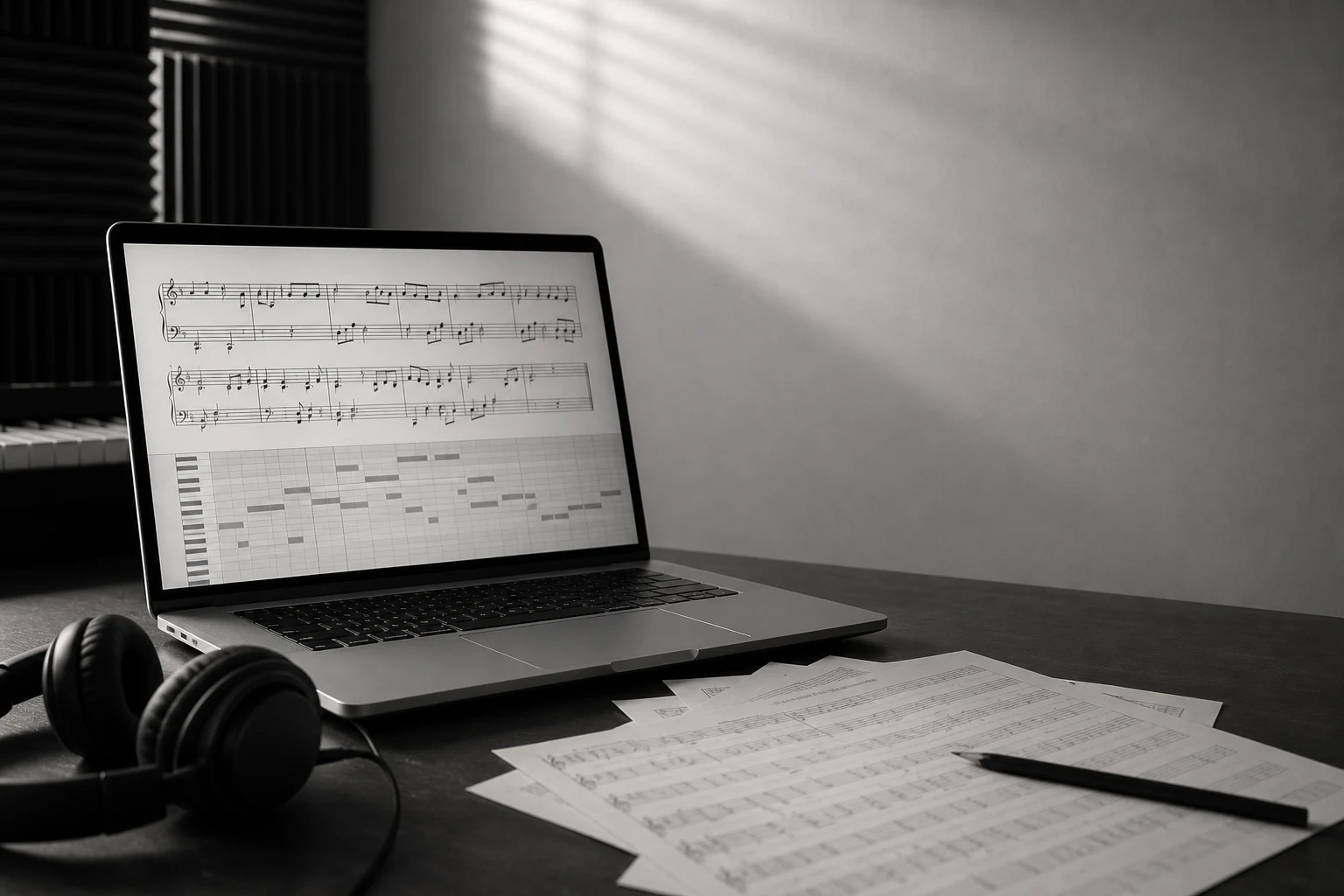 A laptop on a wooden desk with a music score open in a browser tab, soft daylight streaming through a side window