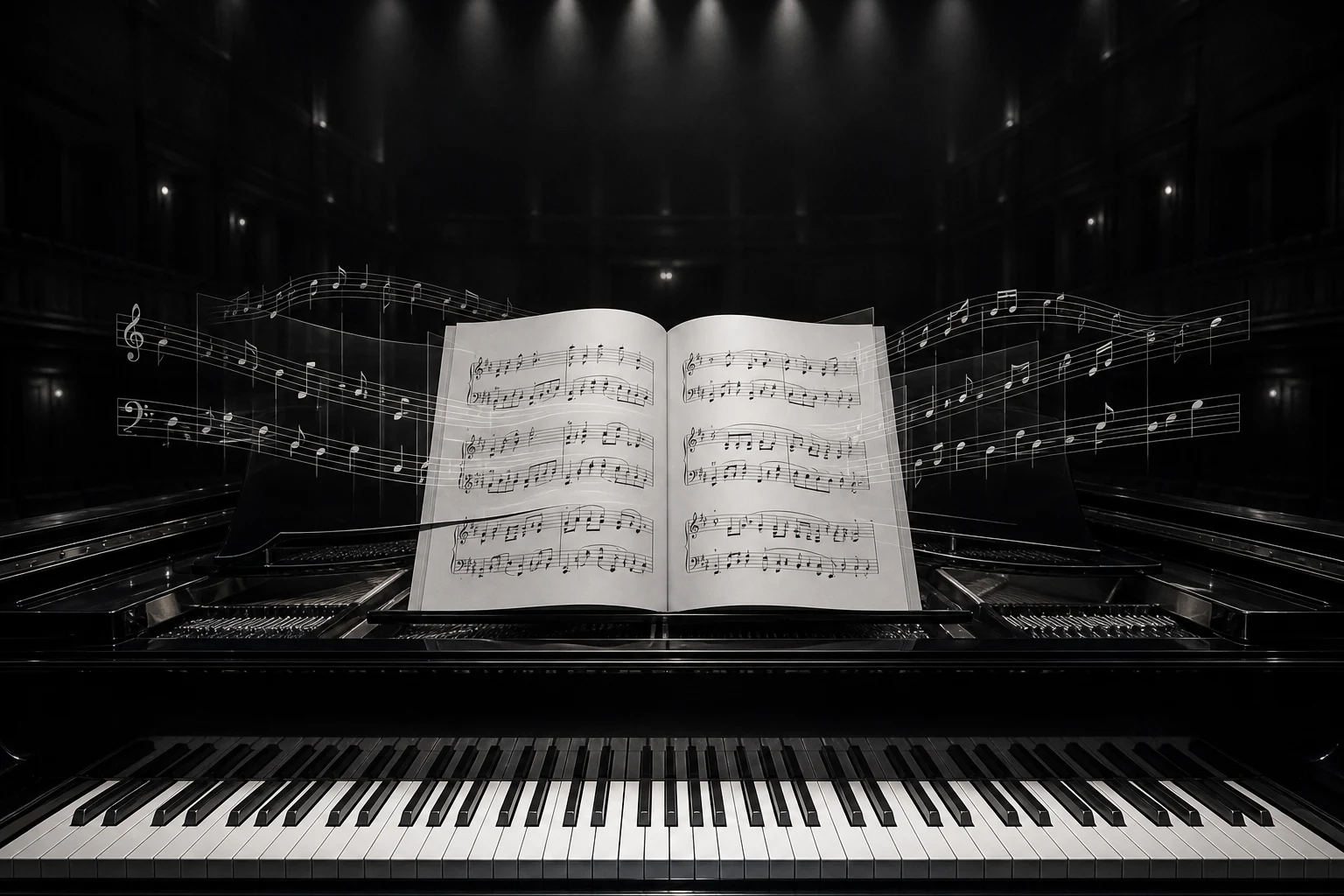 A grand piano with sheet music on the music desk inside a softly-lit recital hall, layered shadows from overhead spotlights