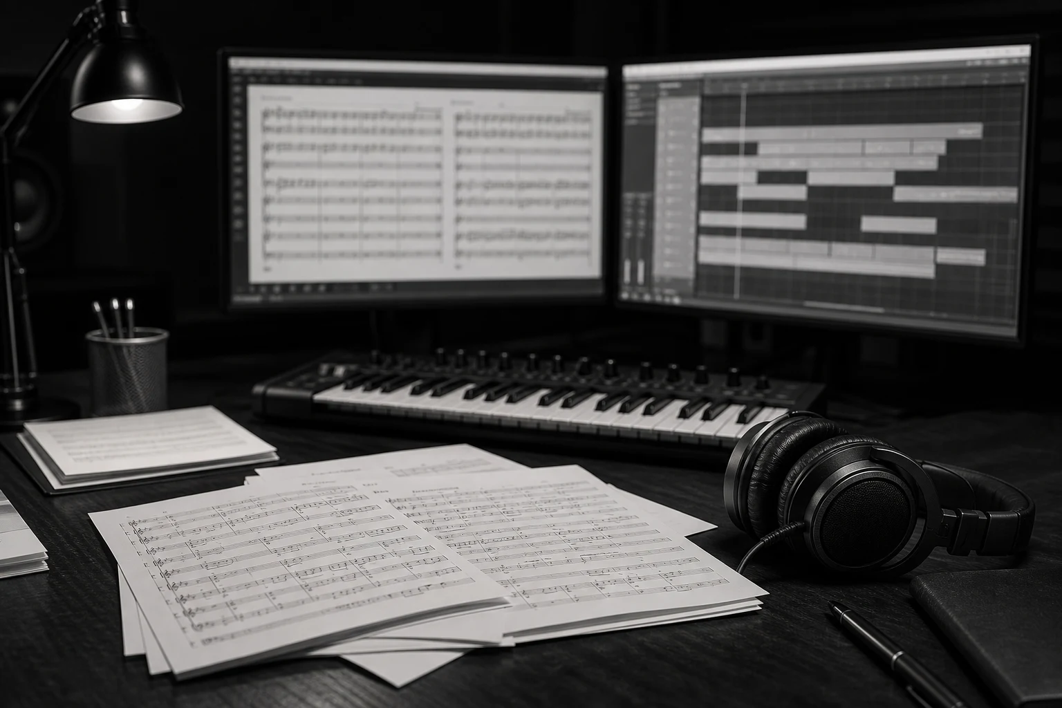 A composer arranging a chamber piece on dual monitors in a dimly-lit home studio, headphones around the neck