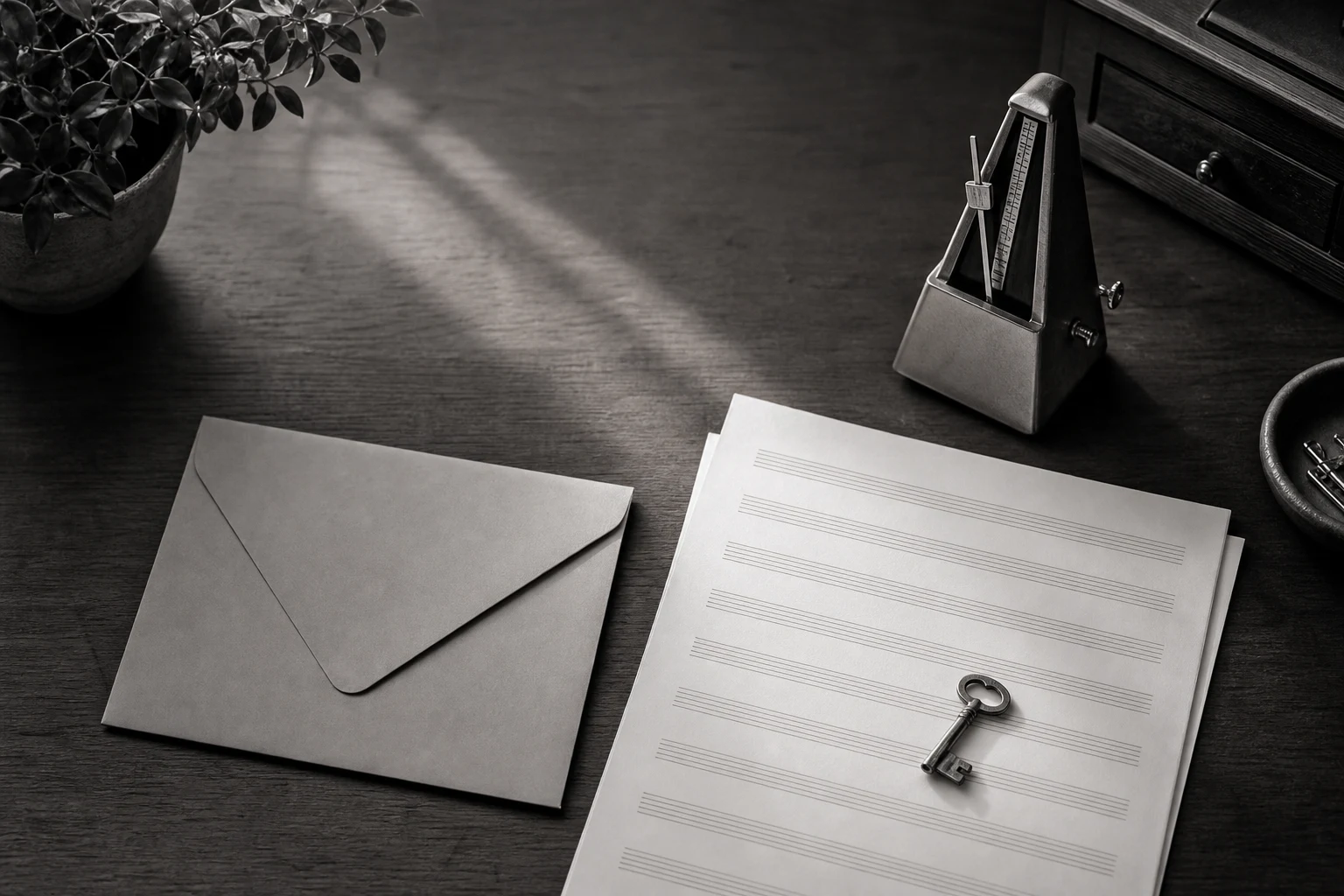 An overhead shot of an organized acoustic studio desk with manuscript paper, a metronome and a sealed envelope, soft natural light