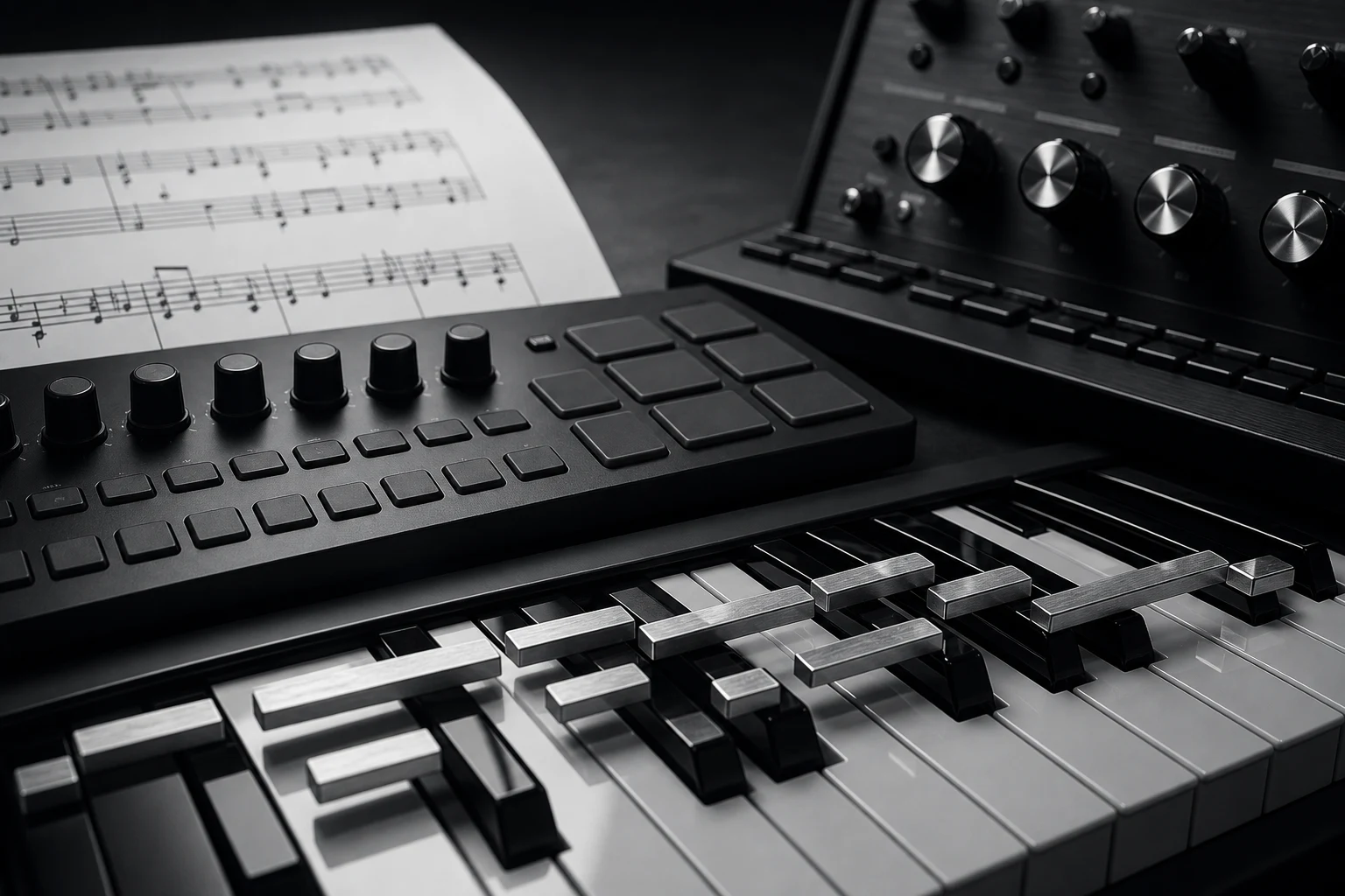 A MIDI controller keyboard glowing with backlit pads in a modern bedroom producer setup at night
