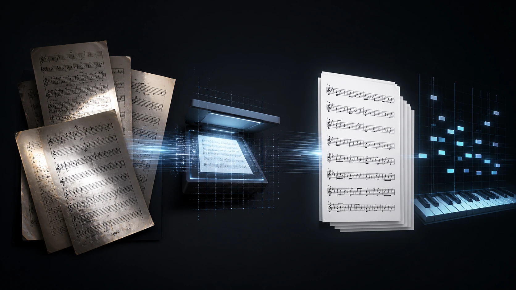 Vintage handwritten sheet music being scanned and converted into clean digital pages and MIDI piano notes