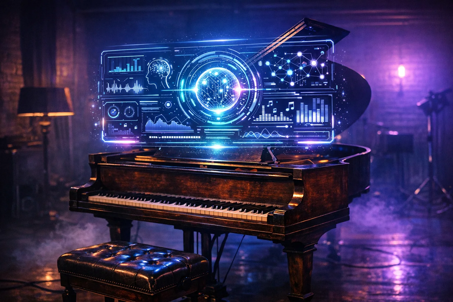 AI glowing interface over a piano