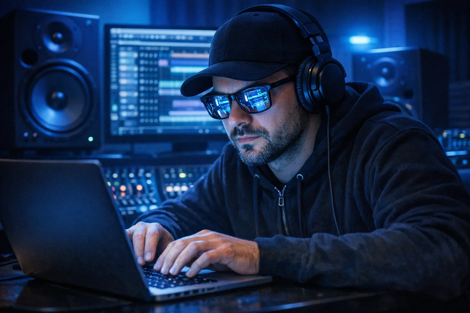 Producer working on laptop
