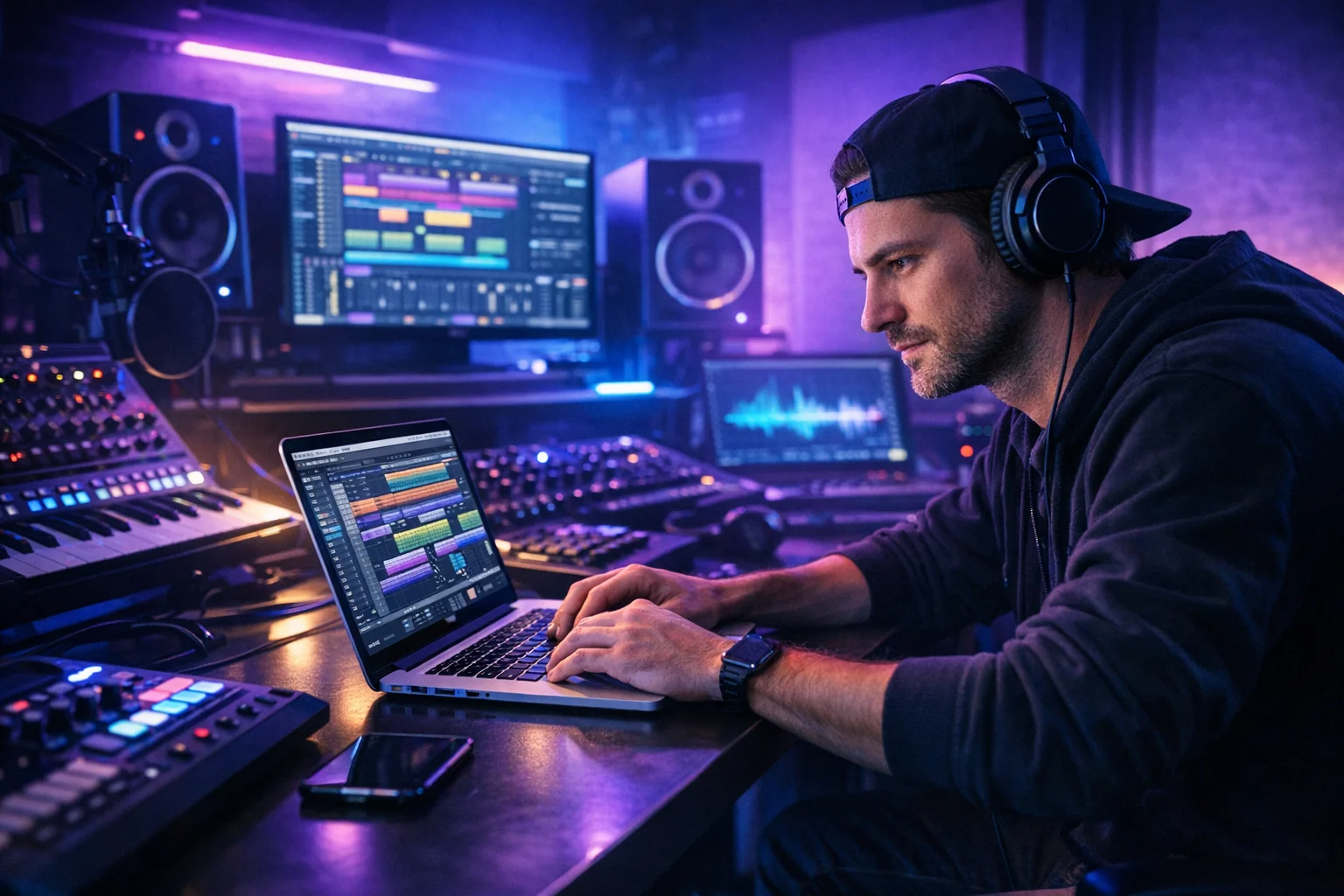 A producer using a chat interface on a laptop in a neon-lit studio
