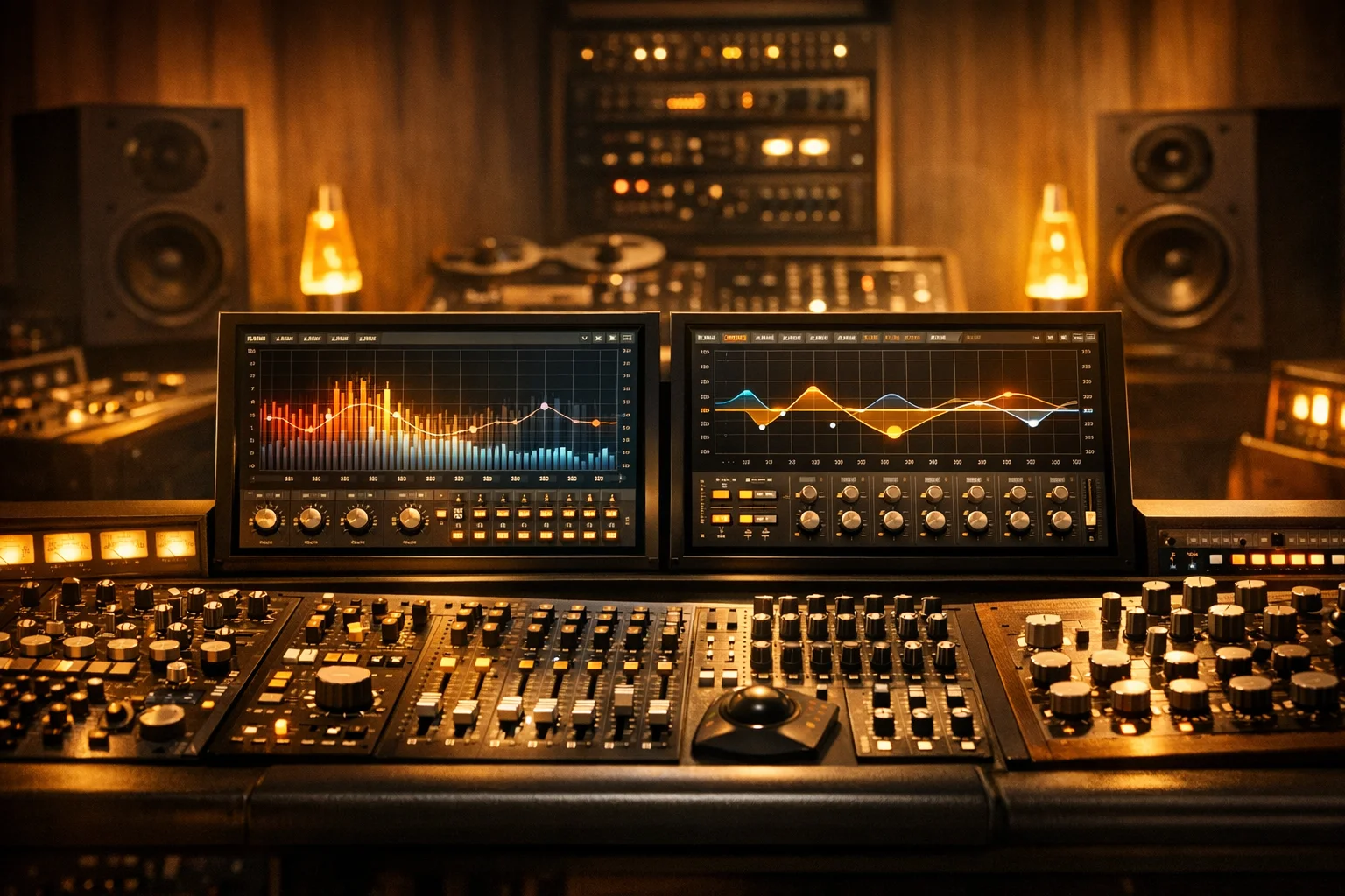 High-end analog mastering studio with DNA visualizers