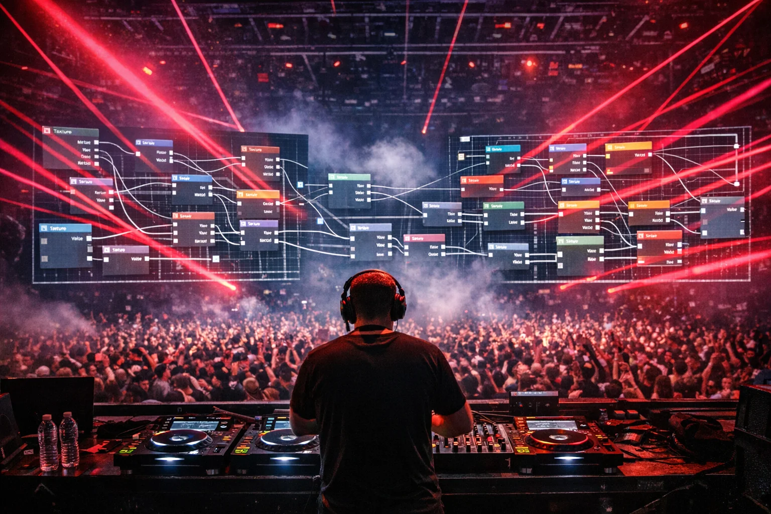Live DJ performance stage with visual track canvas projections