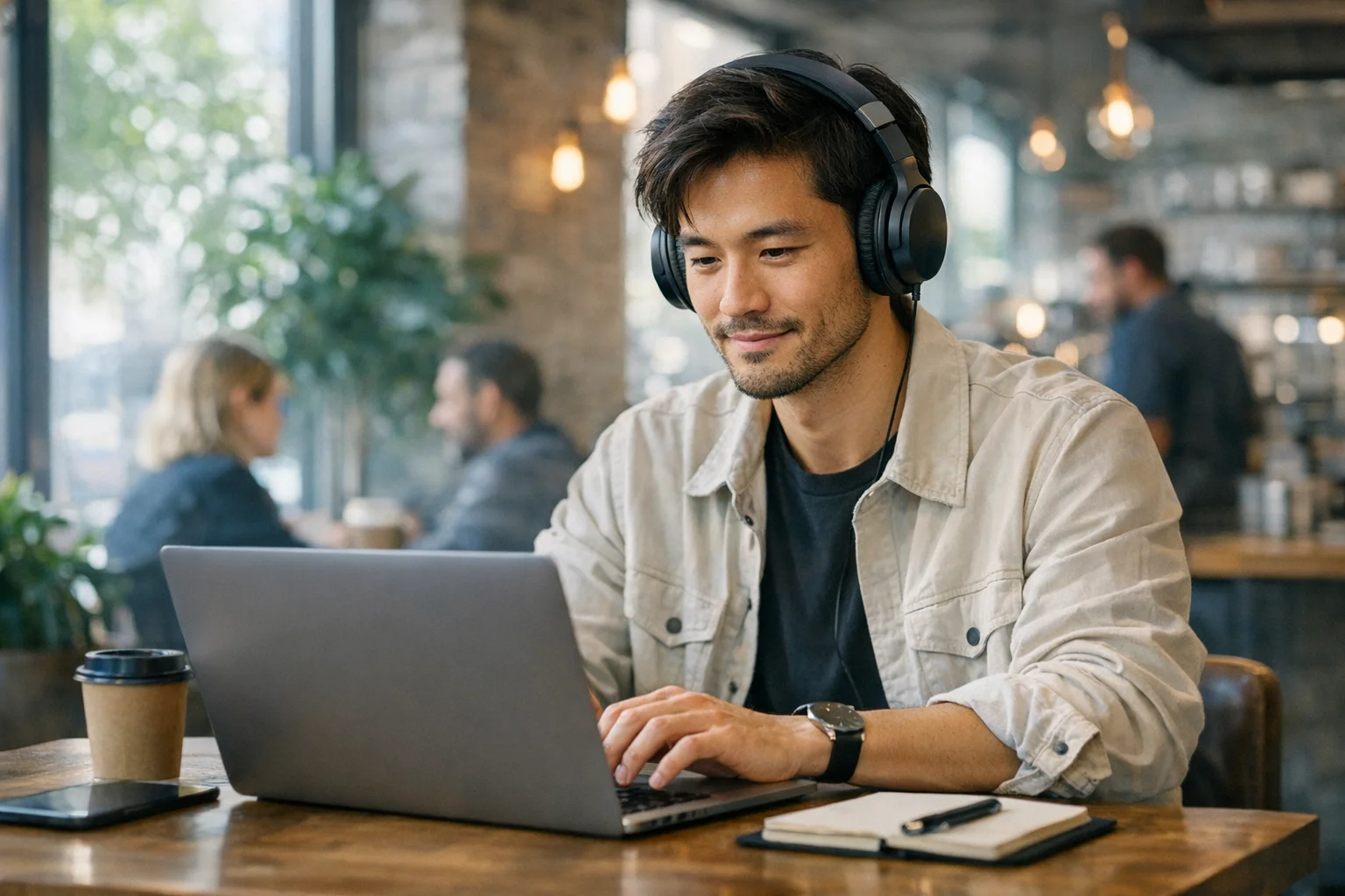 Creator sharing music from a laptop in an urban coffee shop